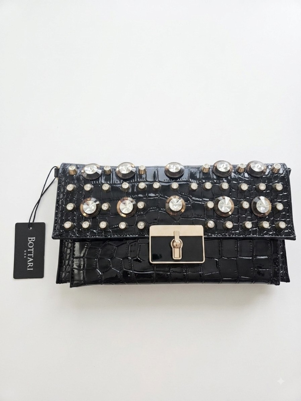 NWT Bottari USA Black Patent Croc-Embossed Rhinestone Evening Clutch Bag
